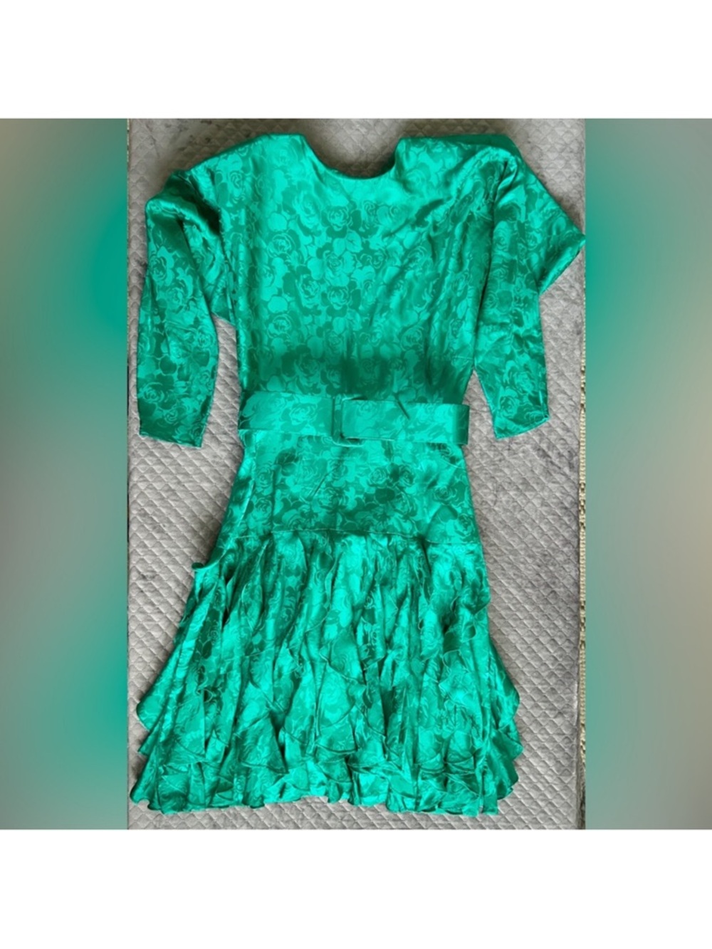Vintage Emerald Green Silk Dress Ruffle Skirt Belted Cocktail Party Size 12